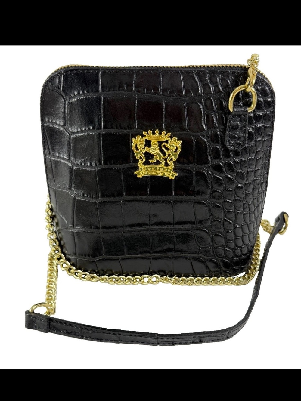 Pratesi Firenze Cross Body Bag Italian Leather Croc Reptile Embossed Gold Chain